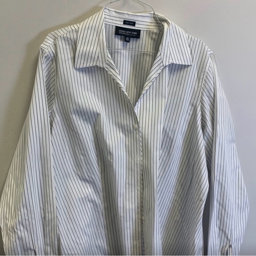 Classic! Timeless! Jones New York White Button-Down Shirt with Black Pinstripes